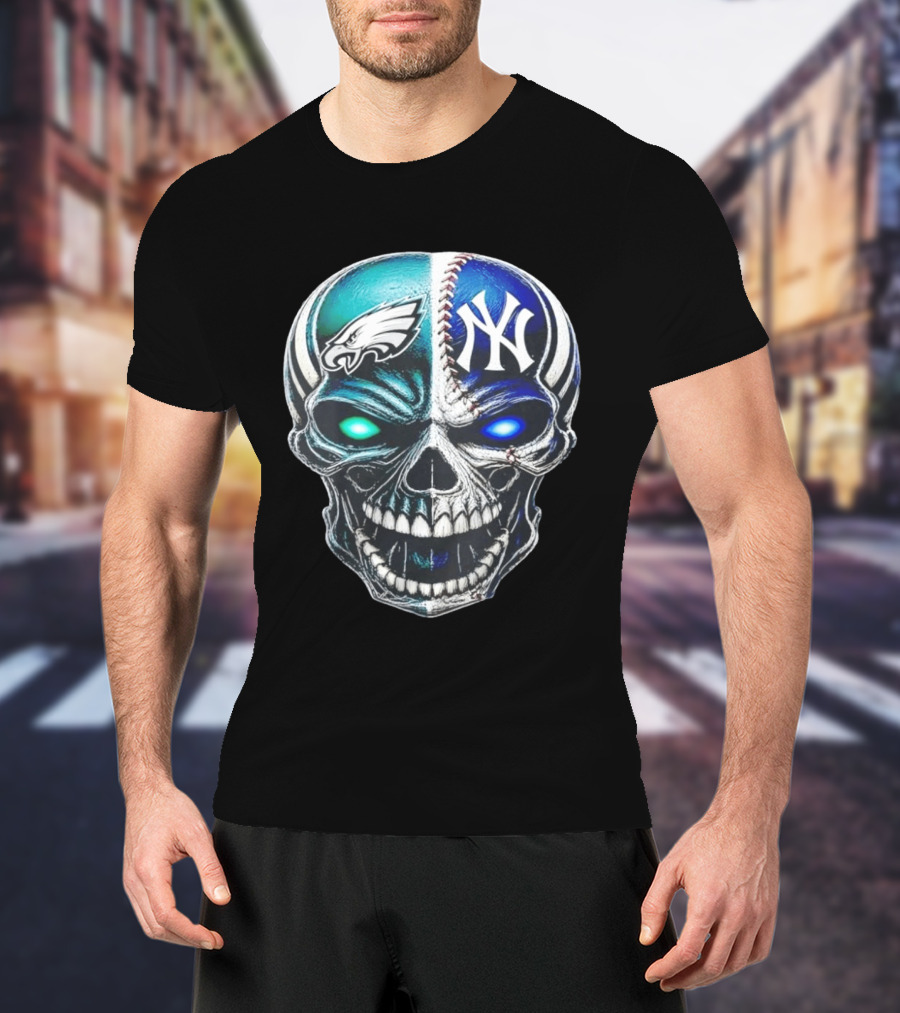 Philadelphia Eagles New York Yankees Skull Glow Eyes T-Shirt