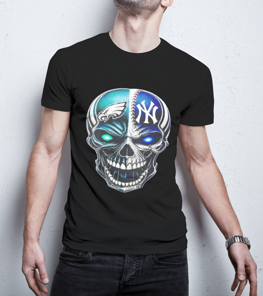 Philadelphia Eagles New York Yankees Skull Glow Eyes T-Shirt