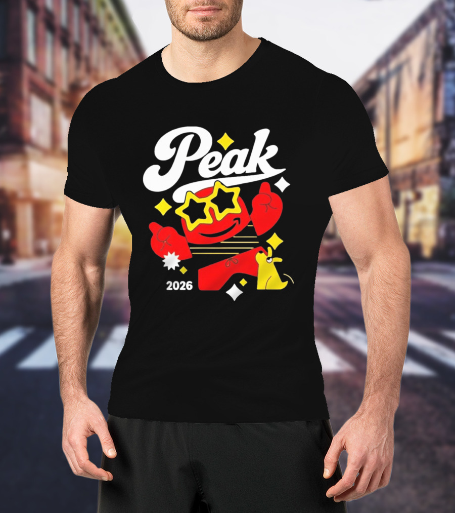 Peak 2026 Red Character With Star Glasses And Yellow Dog T-Shirt