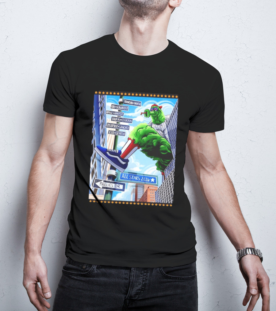 Phillies Dr Phillie Phanatic Brandon Marsh Kyle Schwarber Bryce Harper Johan Duran Christopher Sanchez Jesus Luzardo All Stars 2026 T-Shirt