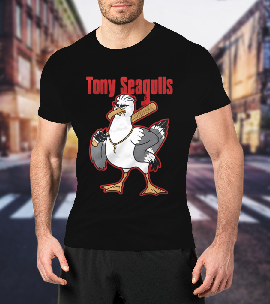 Tony Seagulls Baseball Cartoon Character With Bat T-Shirt