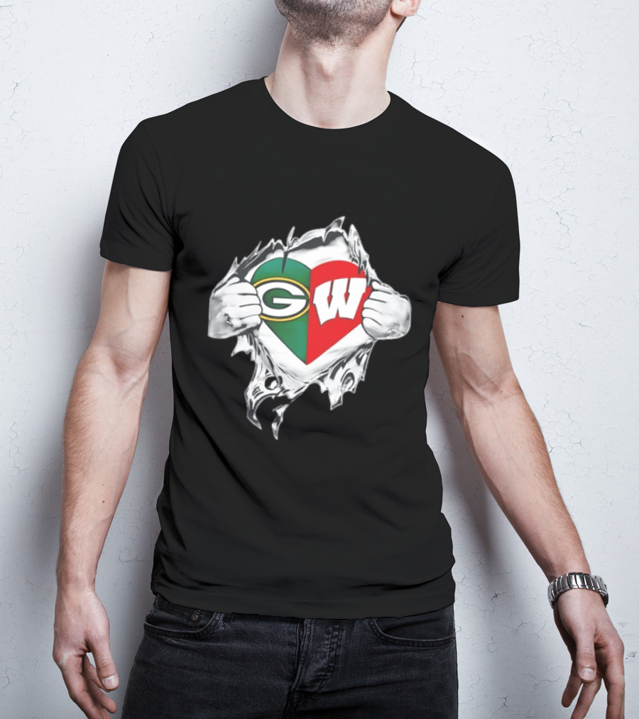 Green Bay Packers Wisconsin Badgers Torn Chest Reveal Heart T-Shirt