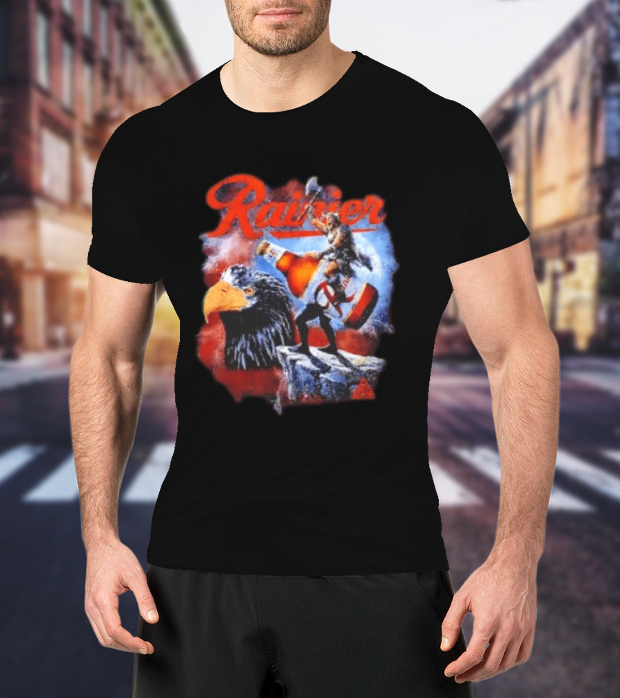 Rainier Beer Viking Holding Beer Riding Eagle On Rock T-Shirt