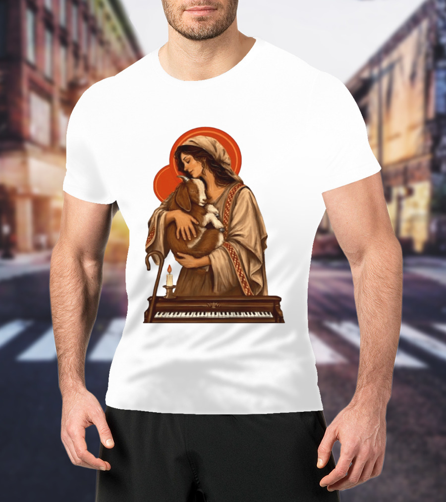 Woman Embracing Goat With Candle And Piano Halo T-Shirt