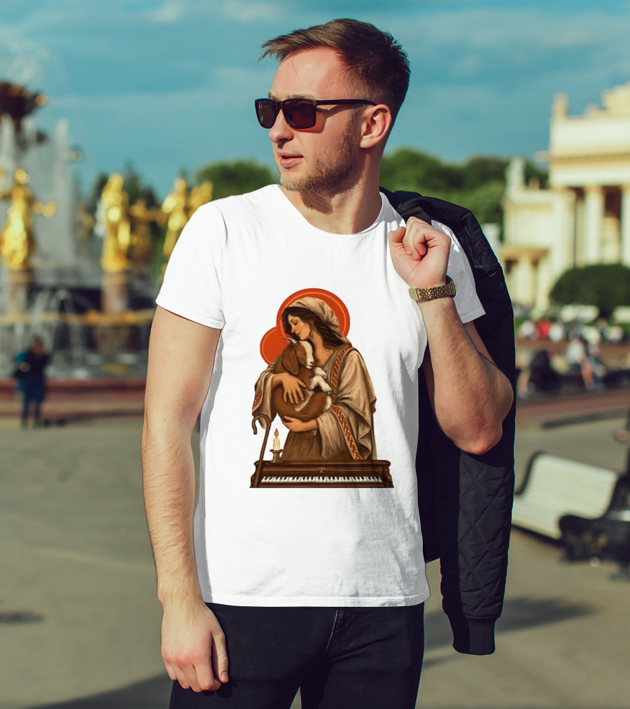 Woman Embracing Goat With Candle And Piano Halo T-Shirt