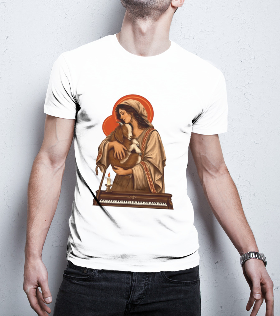 Woman Embracing Goat With Candle And Piano Halo T-Shirt
