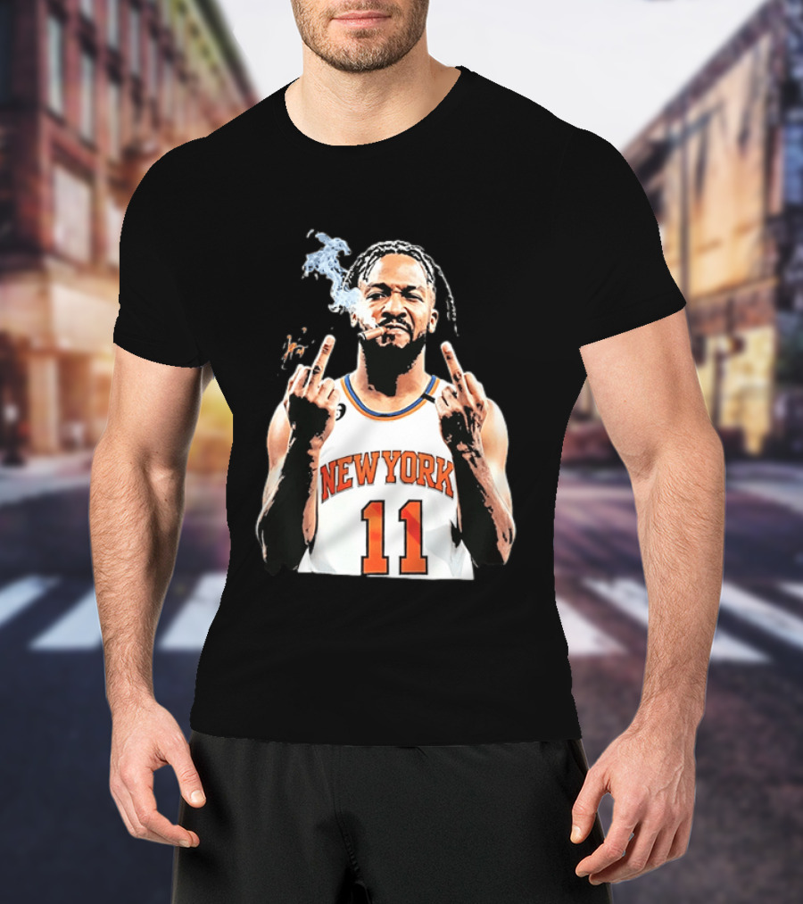 New York Knicks Jalen Brunson 11 Smoking Cigar Middle Finger Pose T-Shirt
