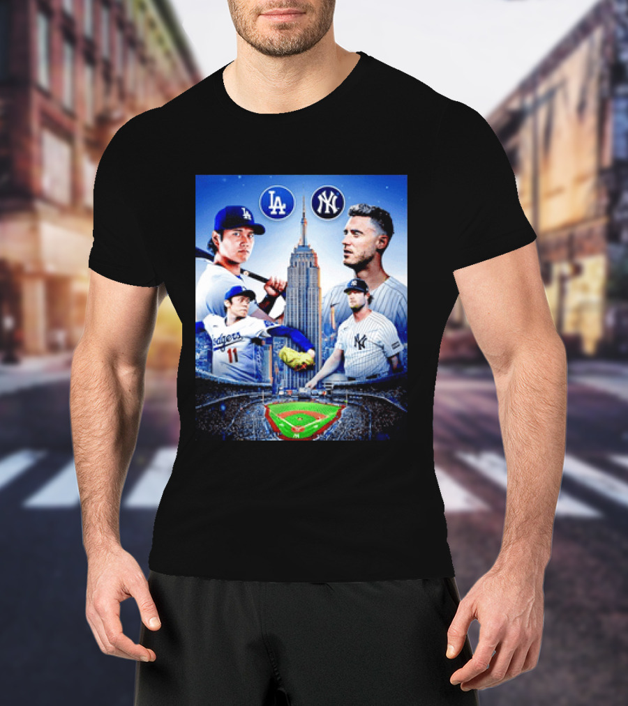 Los Angeles Dodgers Vs New York Yankees Shohei Ohtani Yoshinobu Yamamoto Baseball City Skyline T-Shirt
