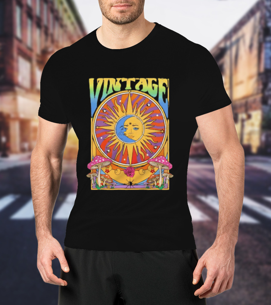 Vintage Sun Moon Celestial Psychedelic Mushrooms T-Shirt