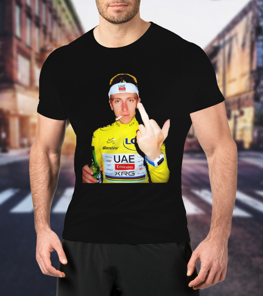 Tadej Pogačar Yellow Jersey Middle Finger Tour De France UAE Emirates LCL Santini T-Shirt