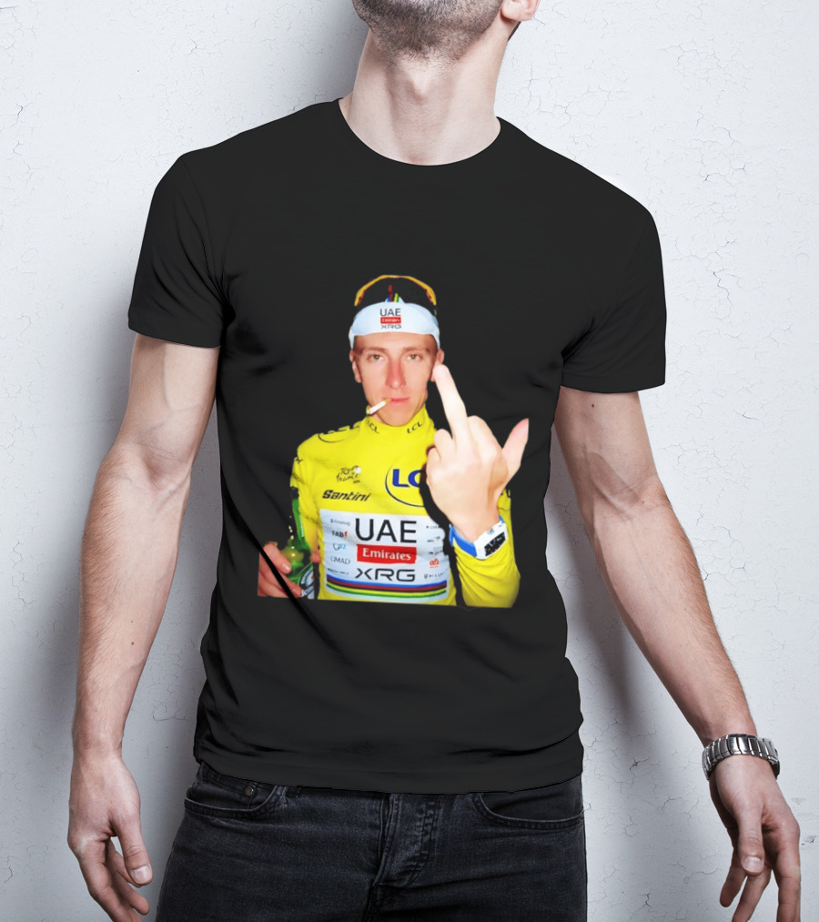 Tadej Pogačar Yellow Jersey Middle Finger Tour De France UAE Emirates LCL Santini T-Shirt