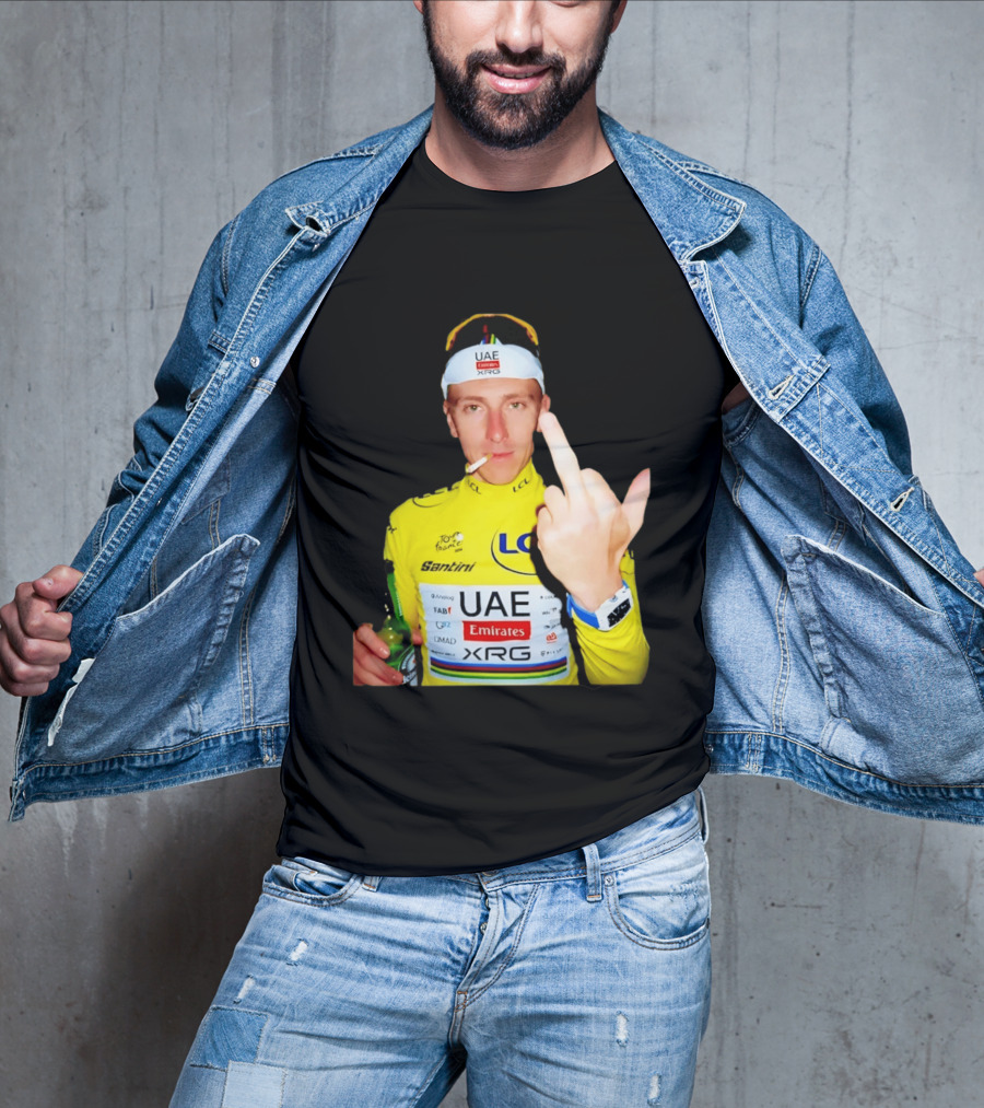 Tadej Pogačar Yellow Jersey Middle Finger Tour De France UAE Emirates LCL Santini T-Shirt