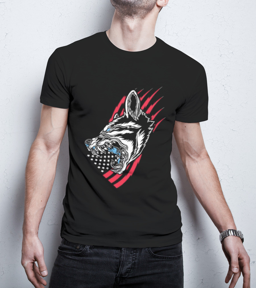 Wolf Snarling With Stars And Stripes American Flag T-Shirt