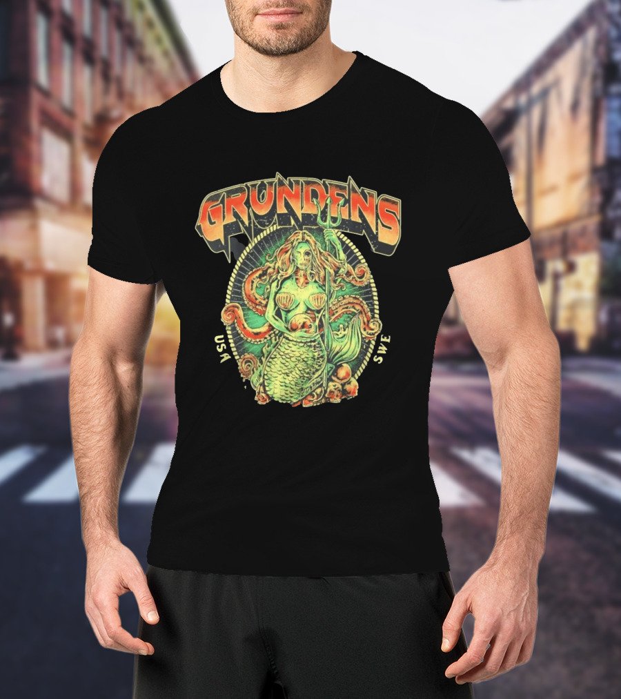 Grundens Undead Mermaid Holding Skull USA SWE Since 1926 T-Shirt
