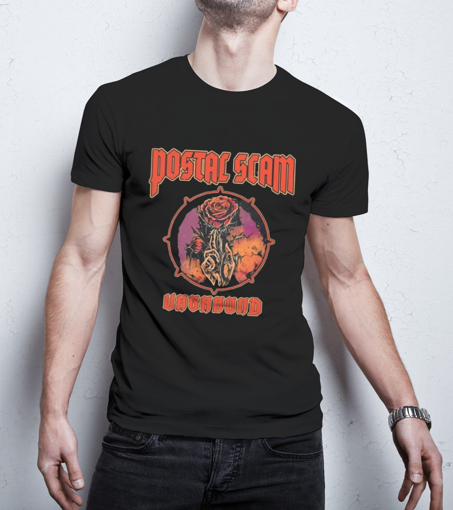 Postal Scam Vagabond Rose Skull Skeleton Hand Heavy Metal T-Shirt