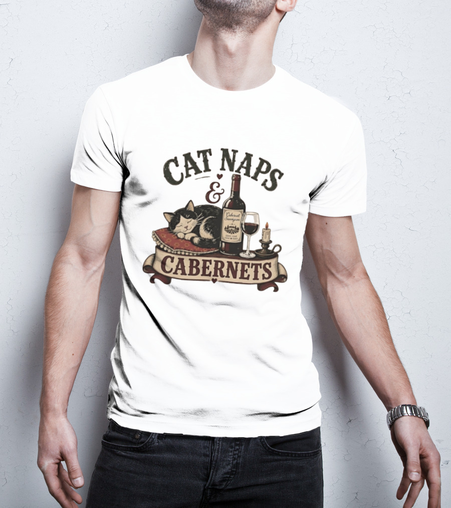 Cat Naps And Cabernet Sauvignon With Cozy Cat And Candle T-Shirt