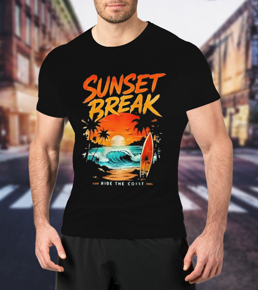 Sunset Break Surfing Ride The Coast Ocean Waves And Surfboard Scene T-Shirt