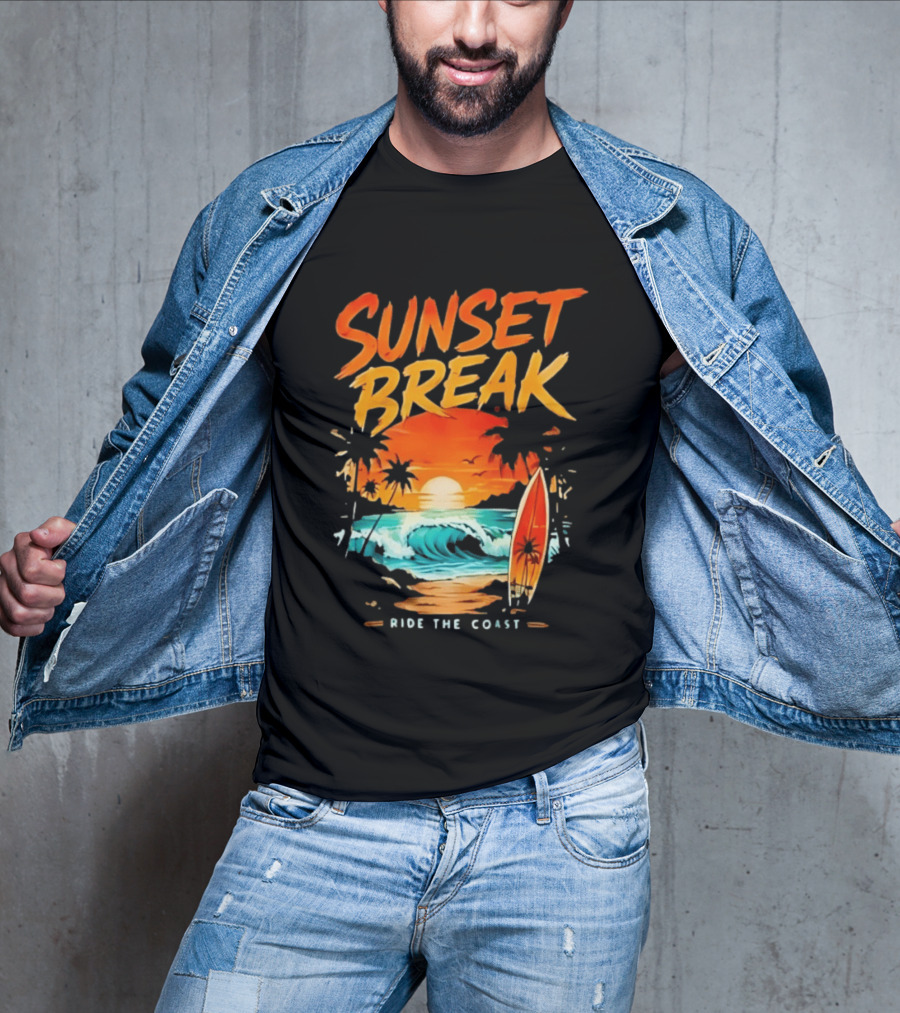 Sunset Break Surfing Ride The Coast Ocean Waves And Surfboard Scene T-Shirt