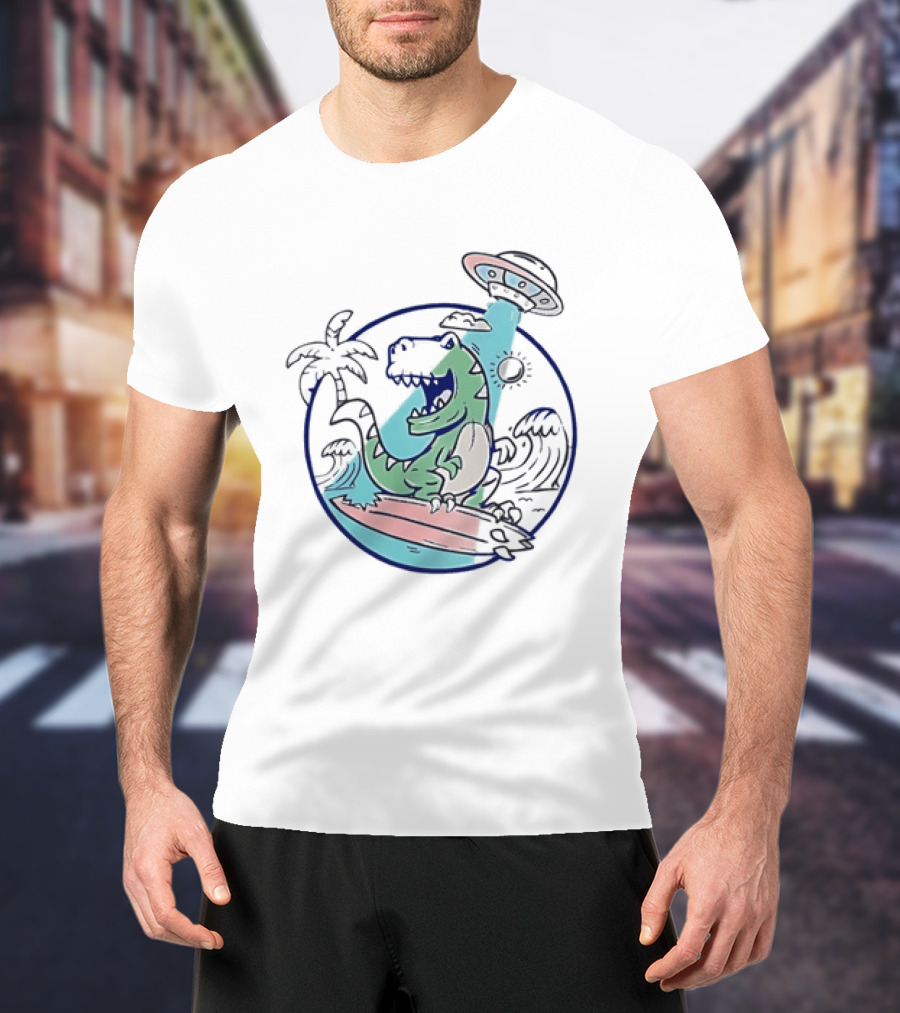UFO Surfing Dinosaur With Palm Trees And Waves T-Shirt