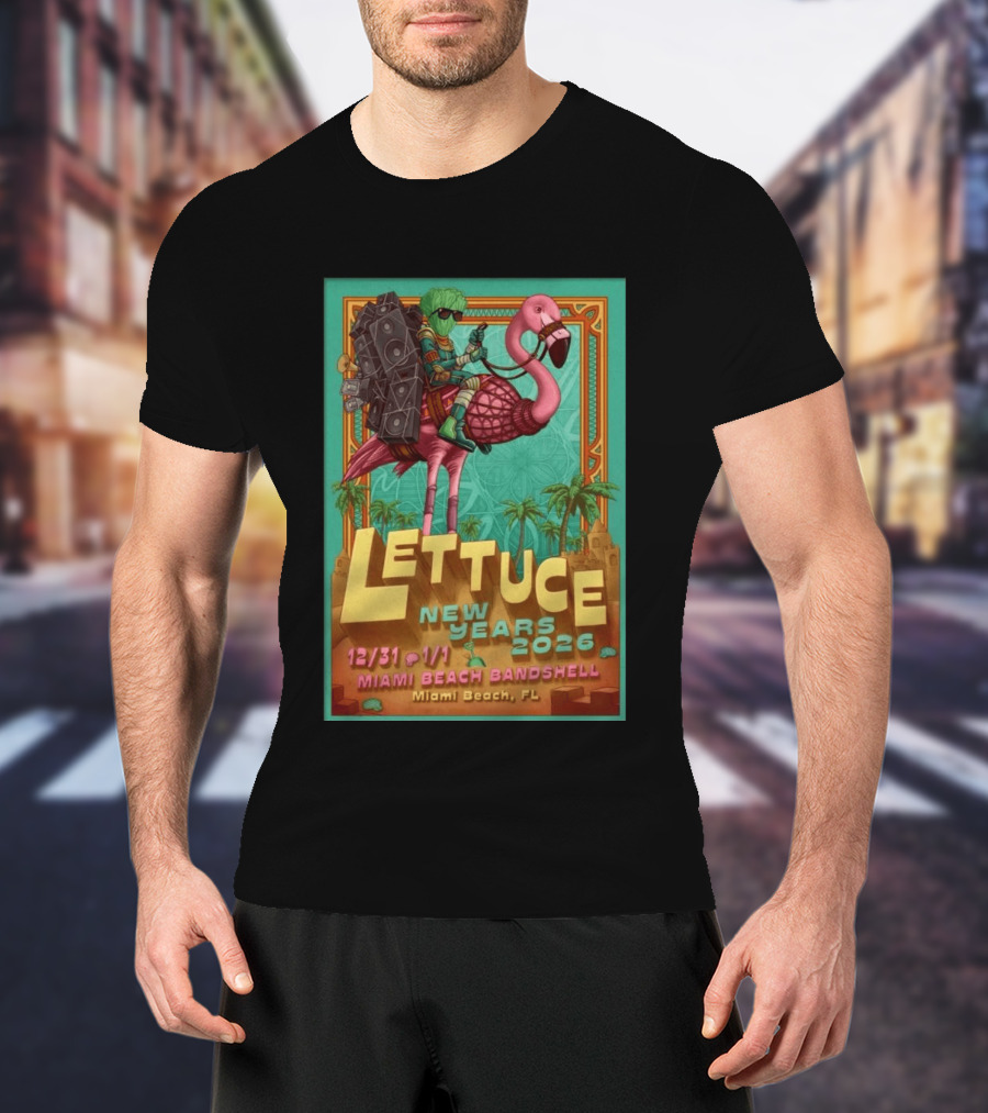 Lettuce New Years 2026 Miami Beach Bandshell Miami Beach FL With Sunglasses Flamingo And Speakers T-Shirt
