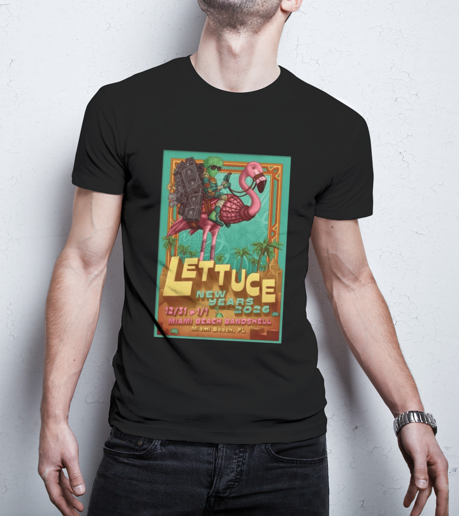 Lettuce New Years 2026 Miami Beach Bandshell Miami Beach FL With Sunglasses Flamingo And Speakers T-Shirt