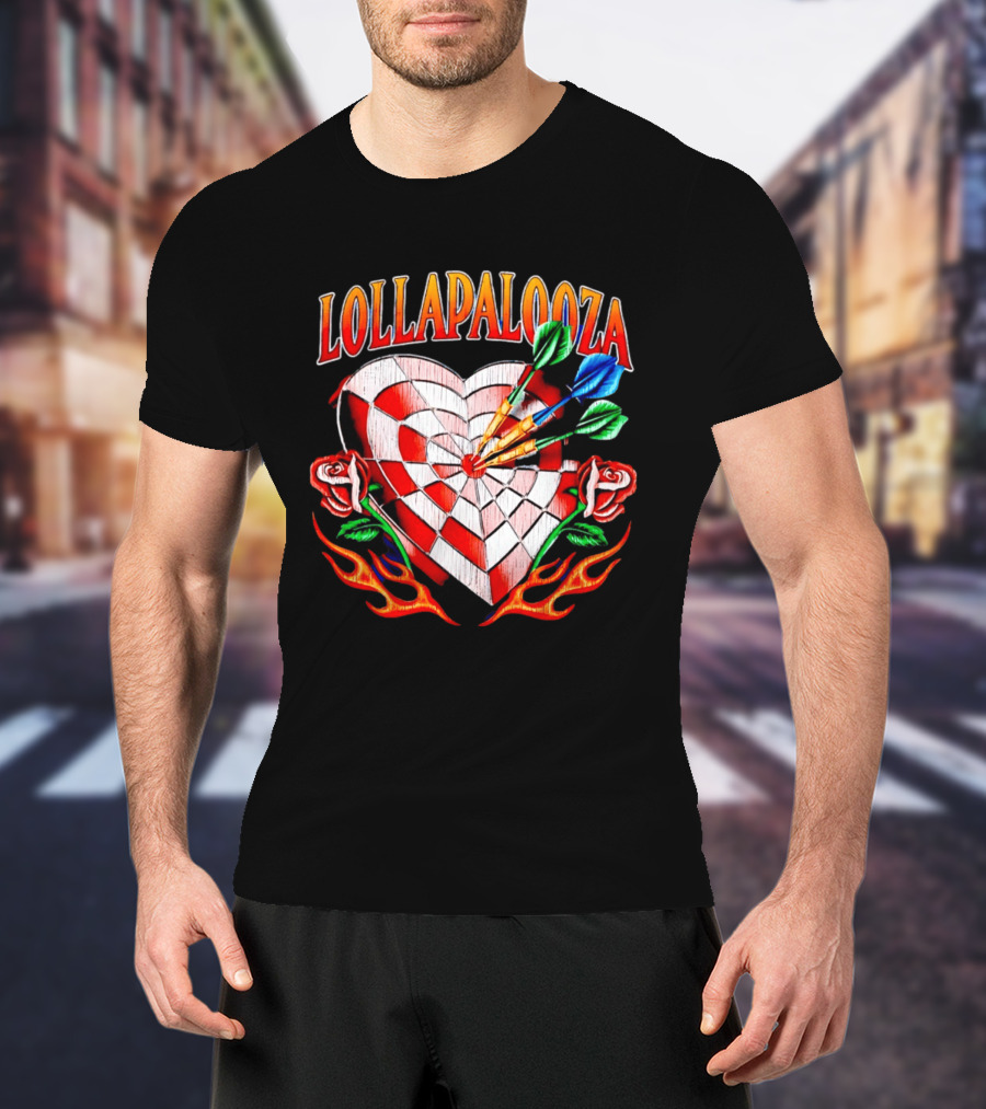 Lollapalooza Heart Dartboard With Roses And Flames T-Shirt
