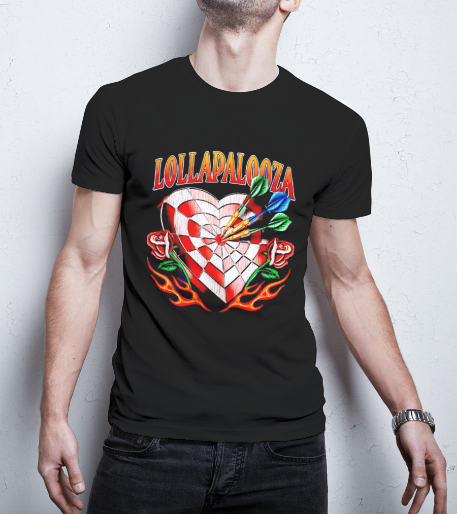 Lollapalooza Heart Dartboard With Roses And Flames T-Shirt