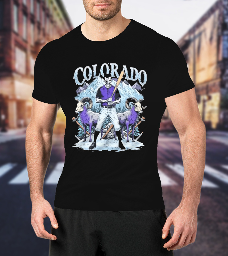 Colorado Skeleton Batter Mountain Ram Scene T-Shirt