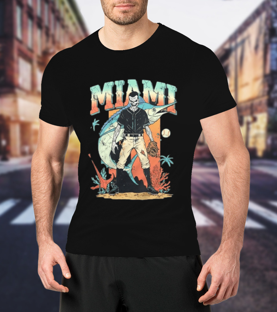 Miami Marlins Skeleton Baseball Player With Marlin And Tropical Vibes T-Shirt