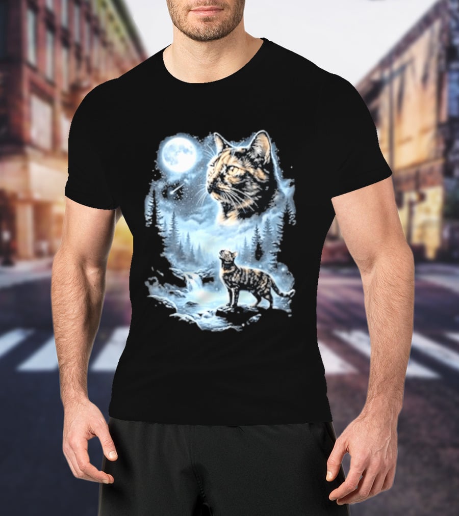 Tabby Cat Howling To The Moon Halloween Forest Scene T-Shirt