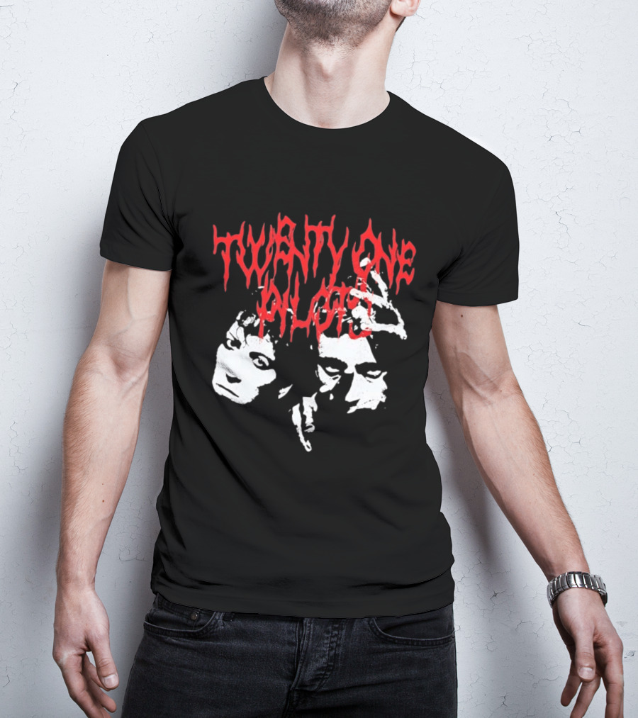 Twenty One Pilots Red Text Band Members Faces Dark Metal T-Shirt