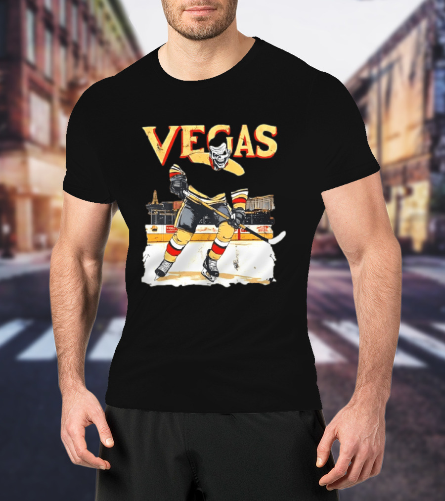 Vegas Hockey Skull Ice Arena Skyline Scene T-Shirt