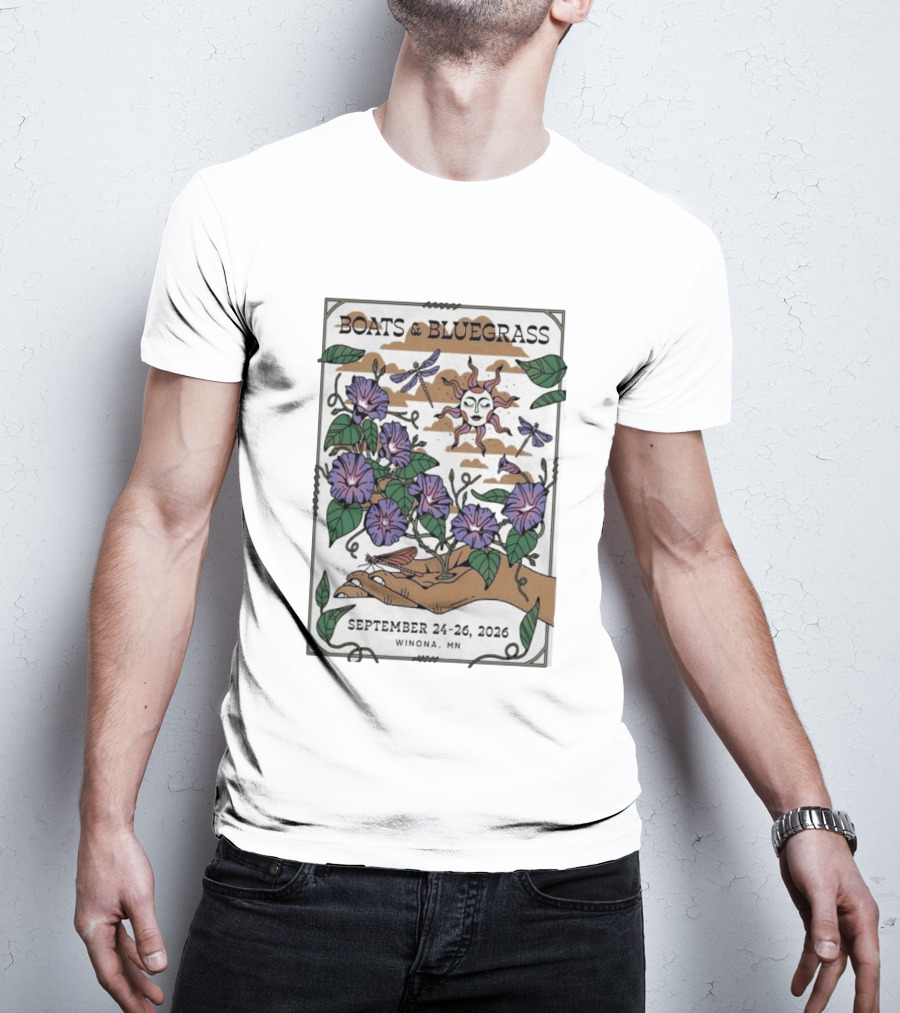 Boats And Bluegrass Winona MN September 24 26 2026 Sun Dragonflies Flowers Music Festival T-Shirt