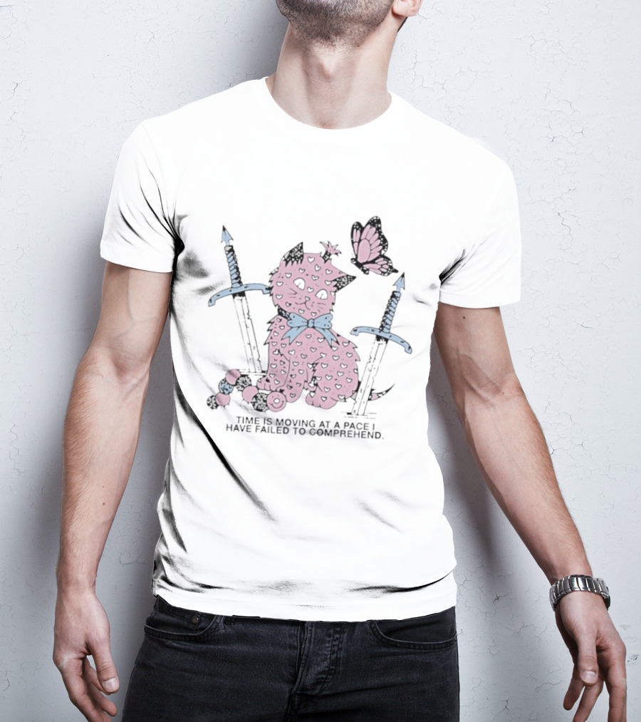 Pink Cat Butterfly Swords Time Is Moving At A Pace I Have Failed To Comprehend T-Shirt