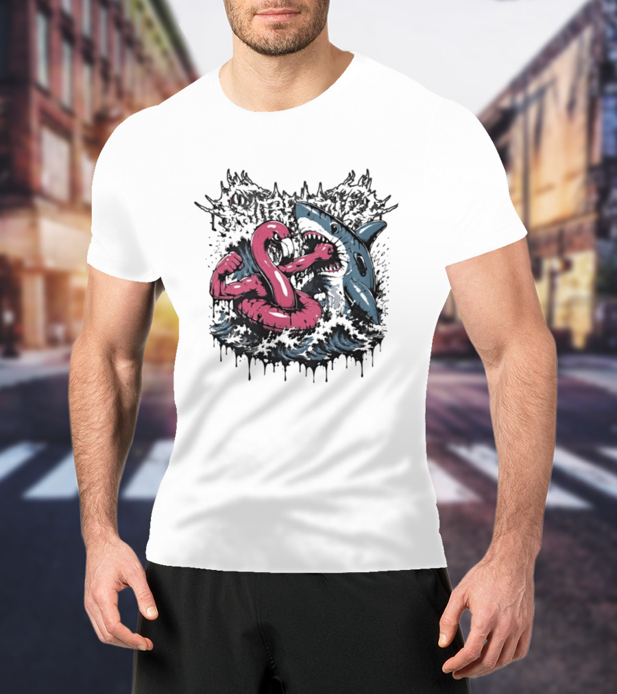 Flamingo Float Shark Fight Waves Duel T-Shirt