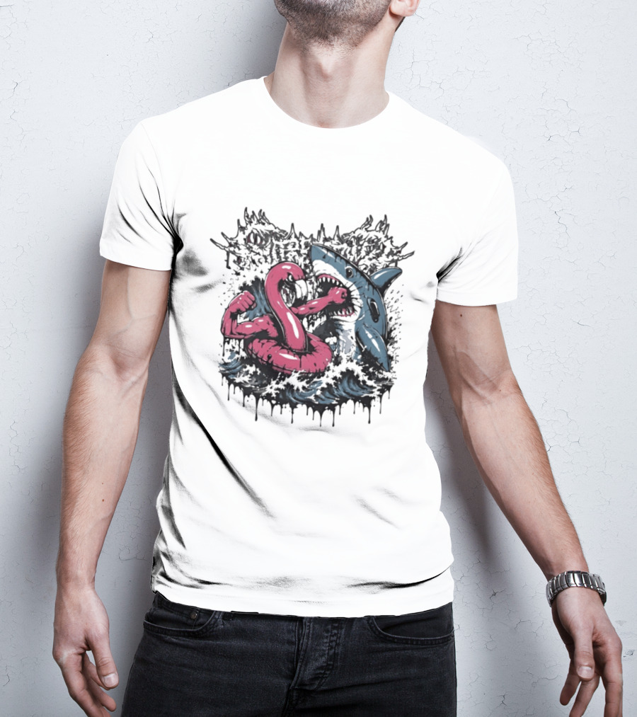 Flamingo Float Shark Fight Waves Duel T-Shirt