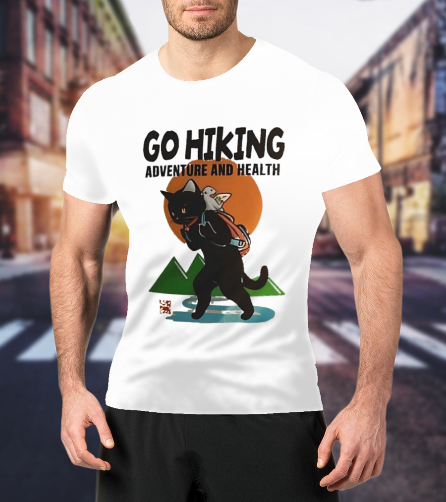 Go Hiking Adventure And Health Black Cat With Backpack And Bird T-Shirt