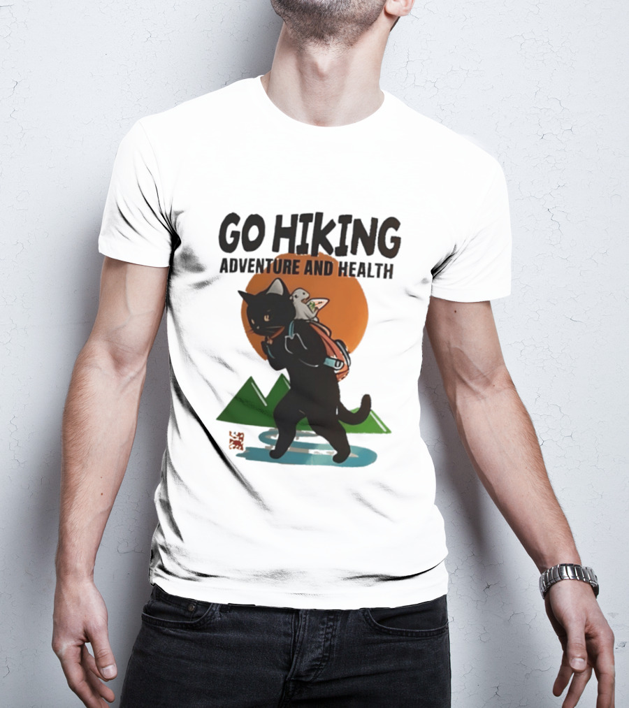 Go Hiking Adventure And Health Black Cat With Backpack And Bird T-Shirt