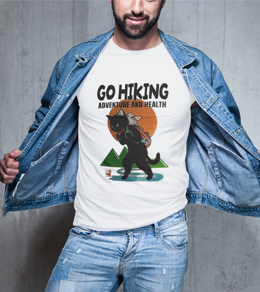 Go Hiking Adventure And Health Black Cat With Backpack And Bird T-Shirt