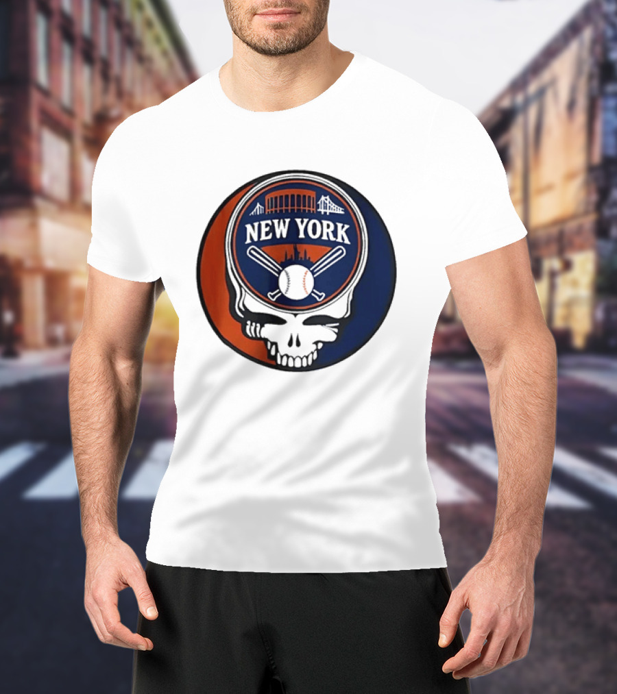 New York Mets Grateful Dead Skull Baseball Orange Blue Stadium T-Shirt