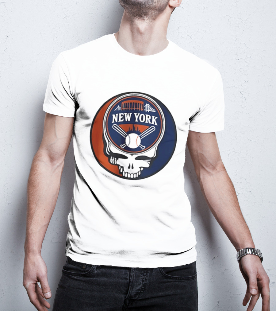 New York Mets Grateful Dead Skull Baseball Orange Blue Stadium T-Shirt