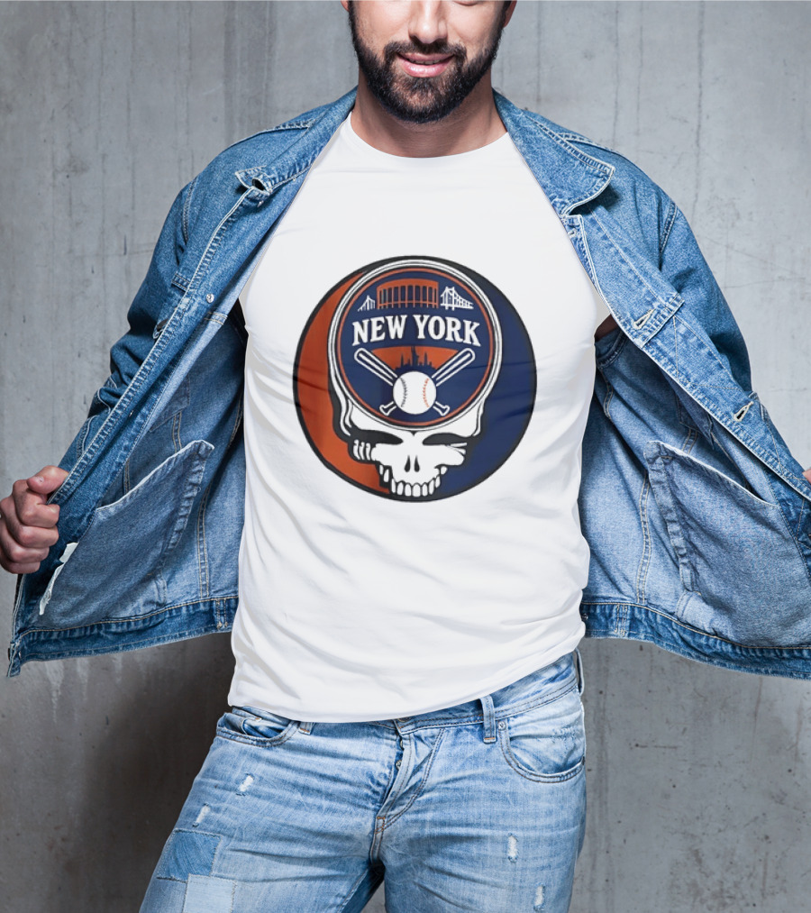 New York Mets Grateful Dead Skull Baseball Orange Blue Stadium T-Shirt