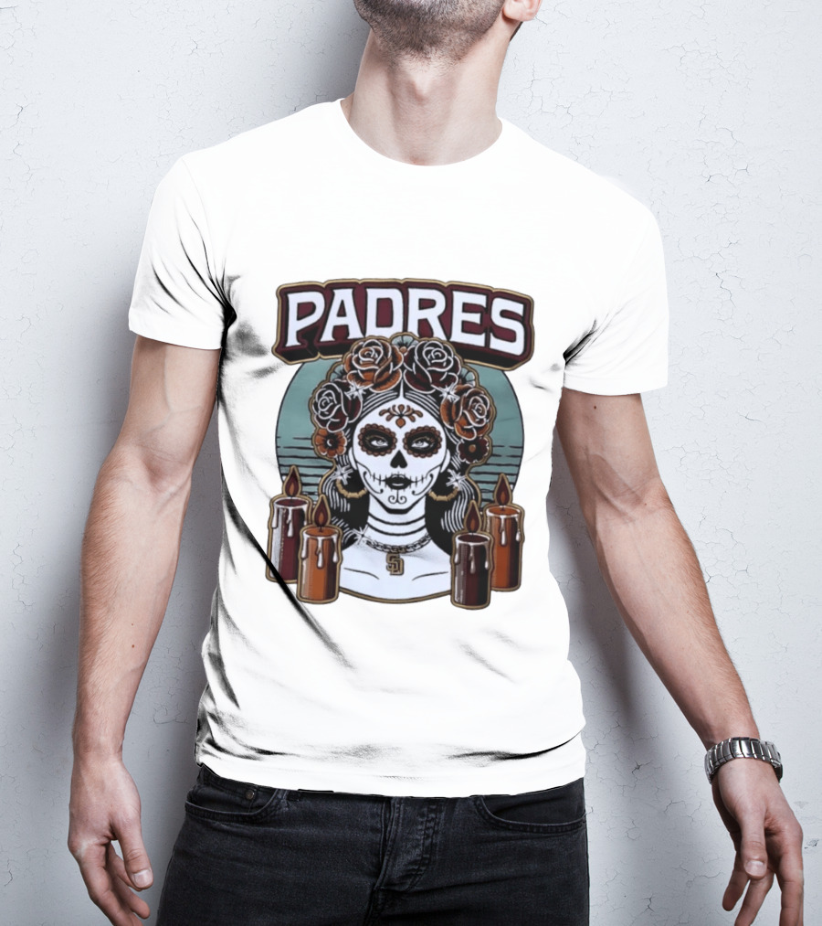 Padres Sugar Skull Woman With SD Pendant And Candles T-Shirt