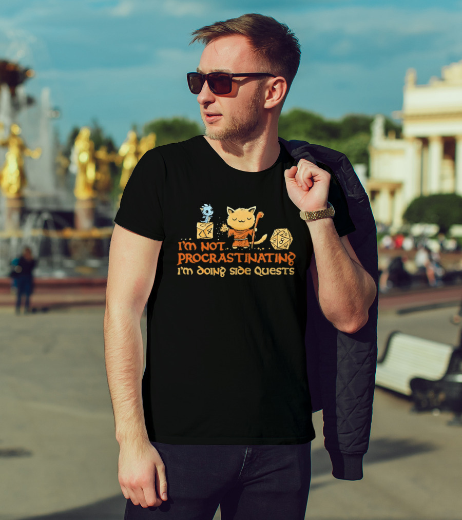 I'm Not Procrastinating I'm Doing Side Quests Cat Wizard Magic Adventure T-Shirt
