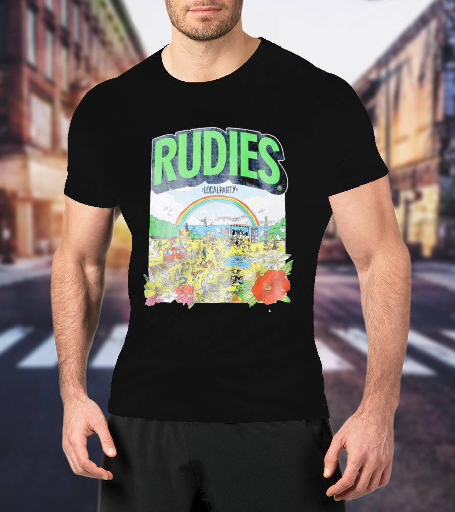Rudie's 35th Anniversary Local Party Featuring 10 Feet G Freak Factory Dustboz Colorful Celebration With Rainbow And Flowers T-Shirt