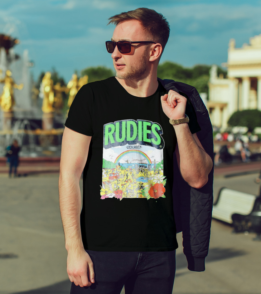 Rudie's 35th Anniversary Local Party Featuring 10 Feet G Freak Factory Dustboz Colorful Celebration With Rainbow And Flowers T-Shirt