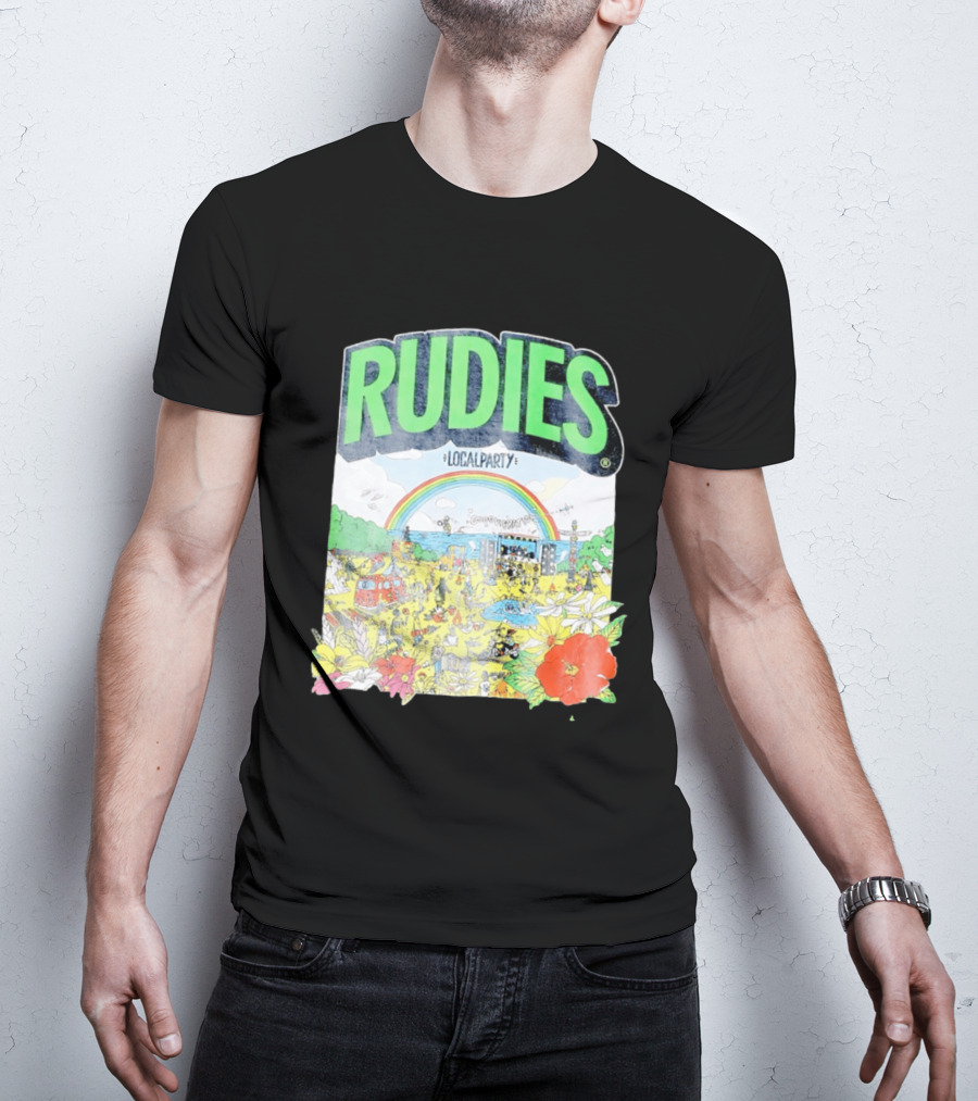 Rudie's 35th Anniversary Local Party Featuring 10 Feet G Freak Factory Dustboz Colorful Celebration With Rainbow And Flowers T-Shirt