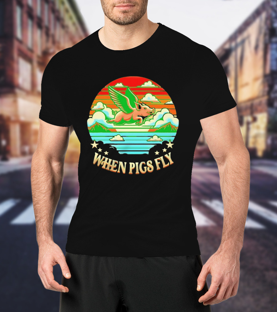 When Pigs Fly Flying Pig Whimsical Clouds And Stars T-Shirt