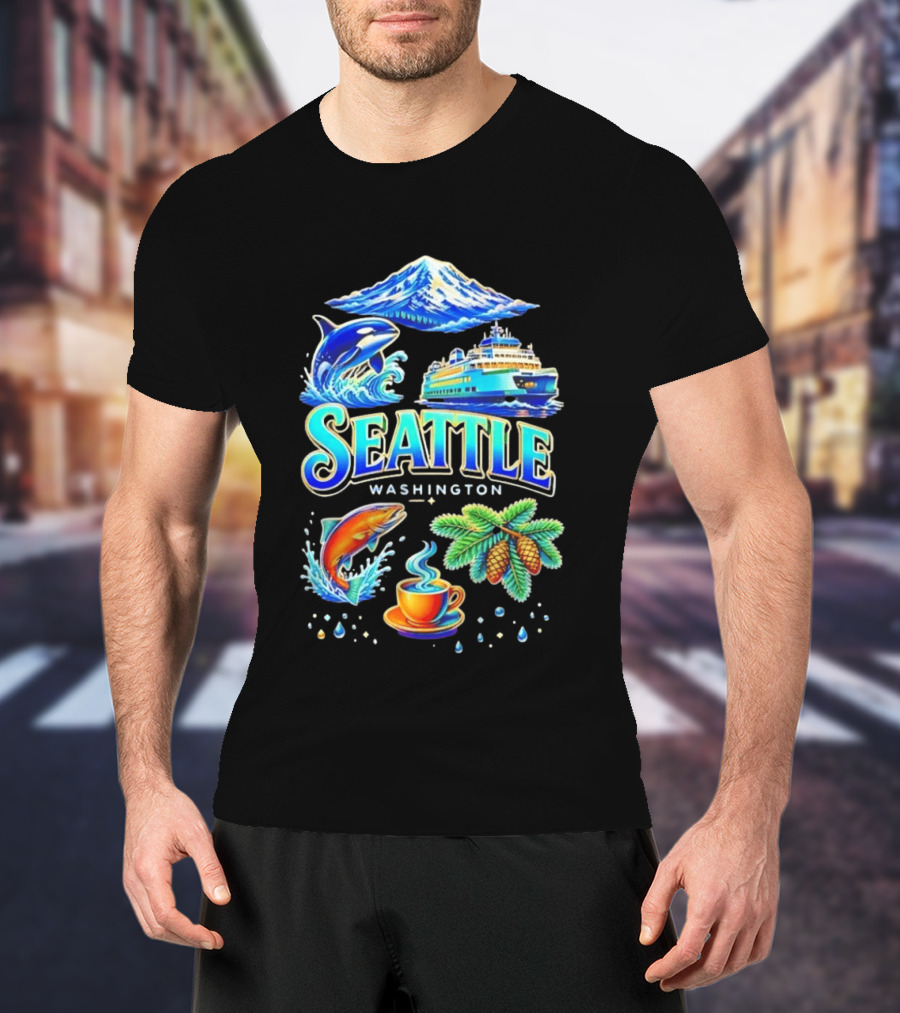 Seattle Washington Orca Whale Ferry Salmon Coffee Pine Cones Mount Rainier T-Shirt