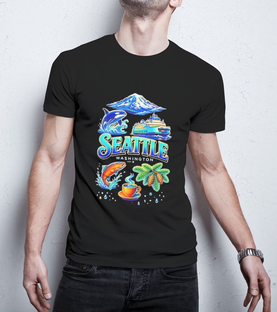 Seattle Washington Orca Whale Ferry Salmon Coffee Pine Cones Mount Rainier T-Shirt